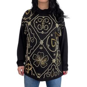 Victoria Jones 1980s Vintage Black & Gold Beaded Embroidered Sweater Large